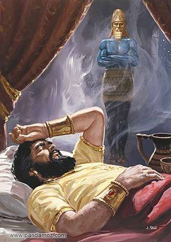 عکس نقاشی یک پادشاه در حالت خوابیده. در تصویر غلام و برده در بالا سر او ایستاده و شاه خواب است