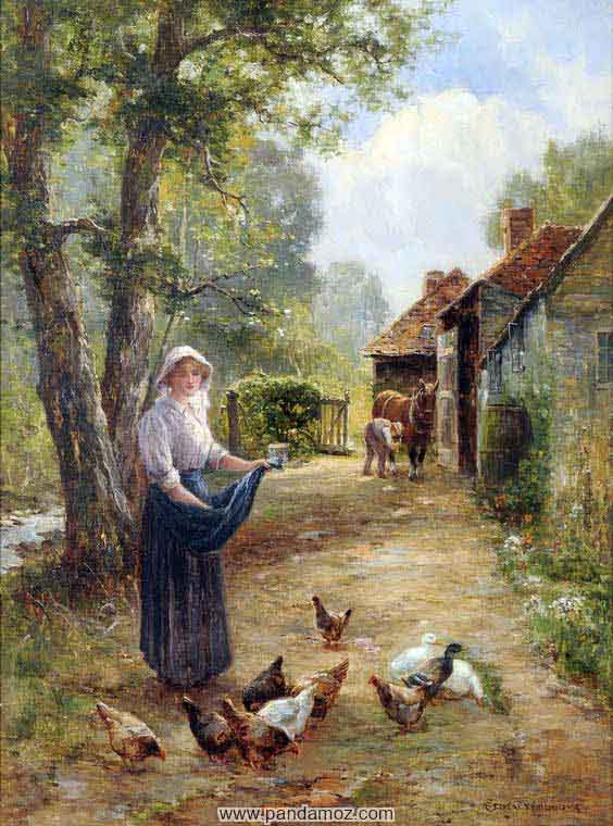 عکس نقاشی زن در حال غذا دادن به مرغ ها و مرد کشاورز در حال تیمار اسب