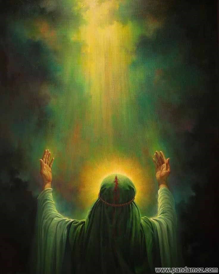 عکس نقاشی از دعا کردن و فردی که رو به آسمان دستها را دراز کرده و در حال دعا و مناجات است