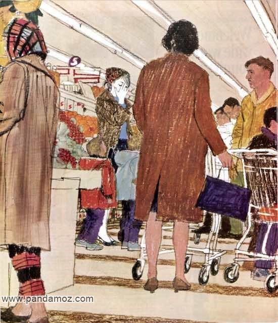 عکس تابلو نقاشی زن در سوپرمارکت. در تصویر دو زن به پشت ایستاده اند و یک زن در مقابل یکی از آنها ناراحت با دستهایش روی چشمانش دیده می شود. نمای کلی با کادر نزدیک از فروشگاه به همراه سبد و چرخ دستی خرید دیده می شود