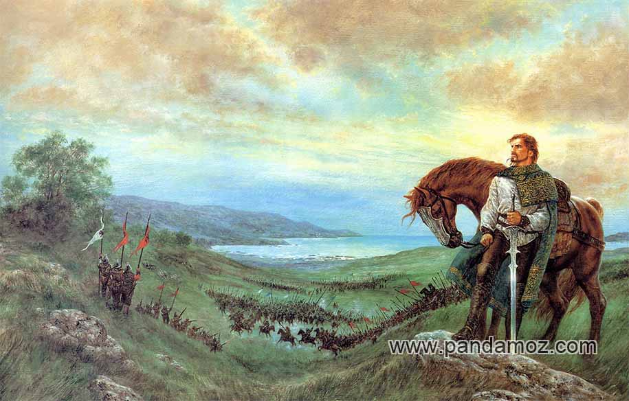 عکس تابلو نقاشی مردی که کنار اسب و روی تپه ایی ایستاده و شمشیری در دست دارد. در پایین تپه دورنمای سربازان و جنگجویان دیده می شود. در تصویر دریاچه آب و کوههای اطراف نیز دیده می شوند