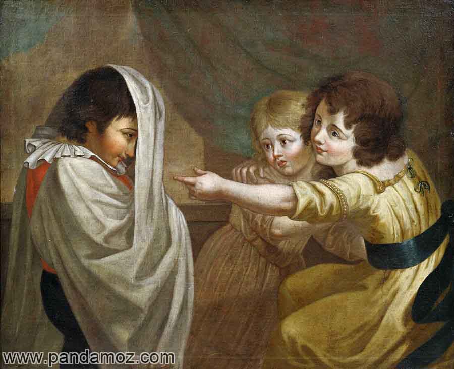عکس تابلو نقاشی سه بچه که دو دختر بچه در کنار هم و یکی دیگری را بغل کرده و به یک بچه دیگر اشاره می کنند که ملحفه یا پارچه سفید بلندی روی صورت خود انداخته