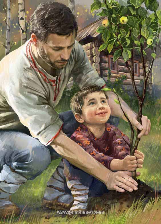 عکس تابلو نقاشی پدر و پسر بچه در حال کاشت درخت. در تصویر درخت در حال کاشت دارای میوه سیب است