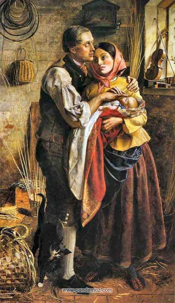 عکس تابلو نقاشی شوهر نابینا و همسر به همراه بچه در آغوش زن. تصویر در محلی شبیه انبار است و سبدهای دستبافی شده و الیاف کنفی یا ساقه گیاهان و نیز سازی در طاقچه کنار پنجره دیده می شود