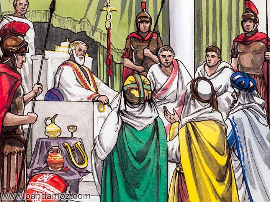 عکس نقاشی کارتونی پادشاهی پیر و سه مرد که به دیدار او آمده اند. در تصویر پادشاه بر روی تخت نشسته و چند سرباز با نیزه دور او را احاطه کرده اند و دو نفر در کنار تخت پادشاه نشسته و یک نفر ایستاده است