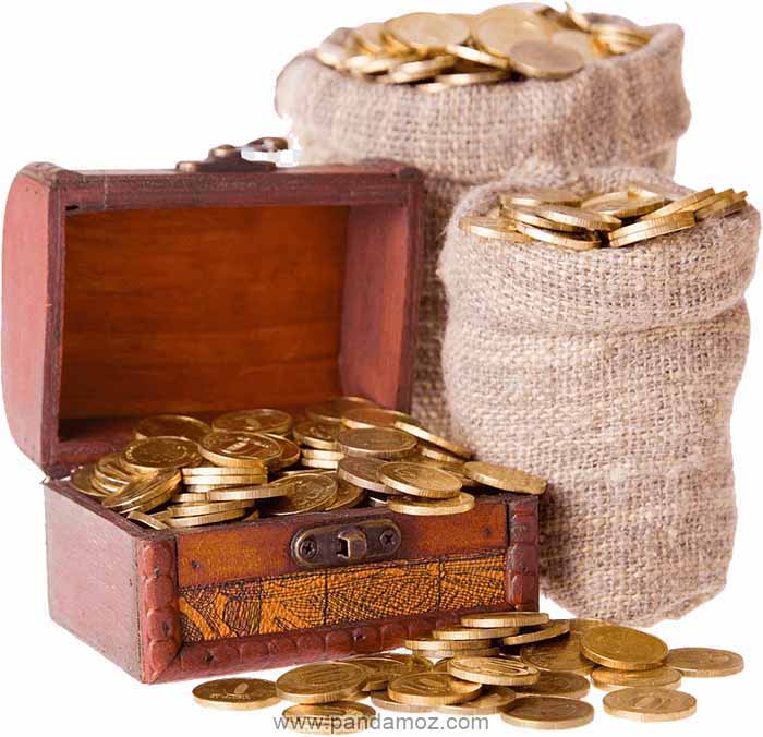 عکس تابلو نقاشی از گونی ها و صندوق پر از سکه طلا. در تصویر سکه های طلا از صندوق چوبی به بیرون هم ریخته شده است