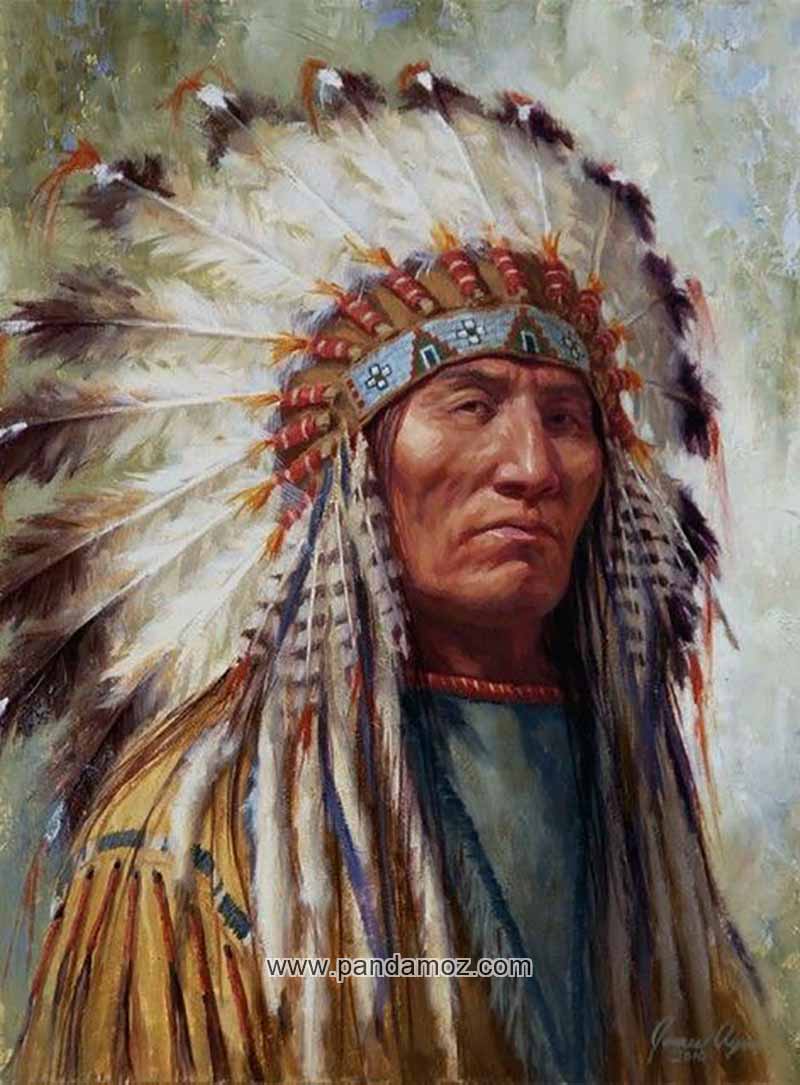 عکس تابلو نقاشی از رئیس قبیله سرخ پوستان بومی آمریکا. در تصویر مرد سرخ پوست بر سر خود پرهای عقاب بسته و لباس سرخ پوستان بر تن دارد