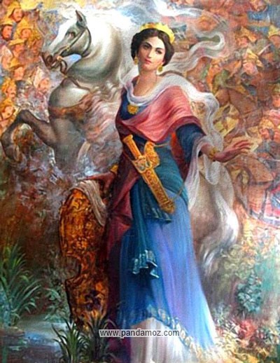 عکس تابلو نقاشی مینیاتوری از شیرین بانو ام رستم همسر فخرالدین دیلمی اولین پادشاه زن ایران بعد از اسلام. در تصویر شیرین بانو شمشیری طلایی و مرصع نشان بر کمر خود بسته و اسبی که بر روی دو پا بلند شده در پشت سرش قرار دارد