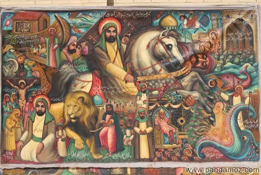 عکسی از نقاشی قهوه خانه ایی با تمثال مبارک امام علی(ع) همراه با سایر نقاشی ها