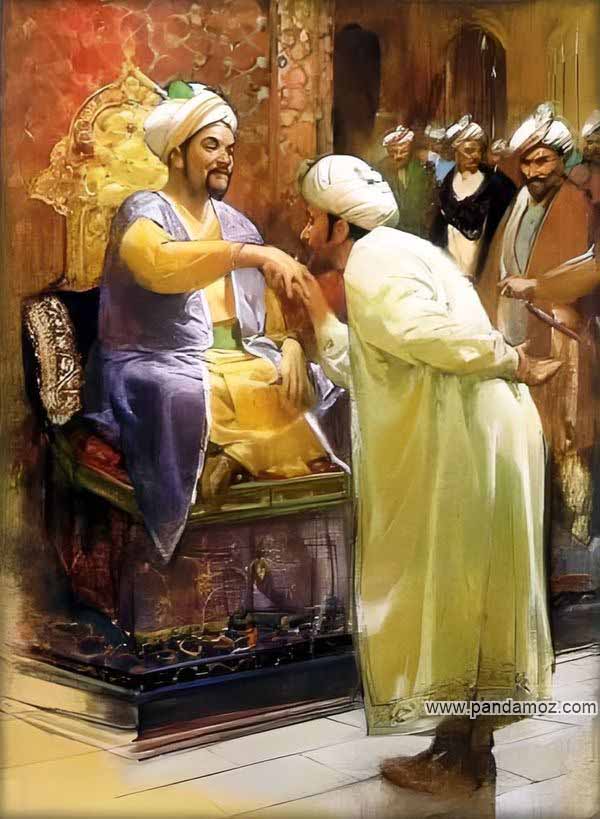 عکس نقاشی پادشاه و وزیران. شاه در حالی که روی تخت نشسته دستش را دراز کرده و فردی خم شده و دست او را می بوسد همه لباس ها و عمامه های حاضران مرتب و گرانقیمت است. وزیران در پشت ایستاده اند