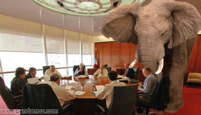 عکس جلسه مدیران در یک شرکت. در تصویر فیل بسیار گنده و در داخل سالن کنار جلسه مونتاز شده و نشانه داستان فیل سفید و هزینه های سرسام آور در شرکتها برای کارهای بیهوده است