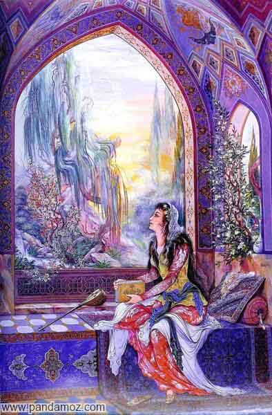 عکس تابلو نقاشی مینیاتوری از یک بانوی ایرانی که روی تختی زیر طاقی بسیار زیبا و رنگارنگ نشسته و به بیرون نگاه می کند. در تصویر در دست زن کتاب شعری و در کنارش سازی قرار دارد