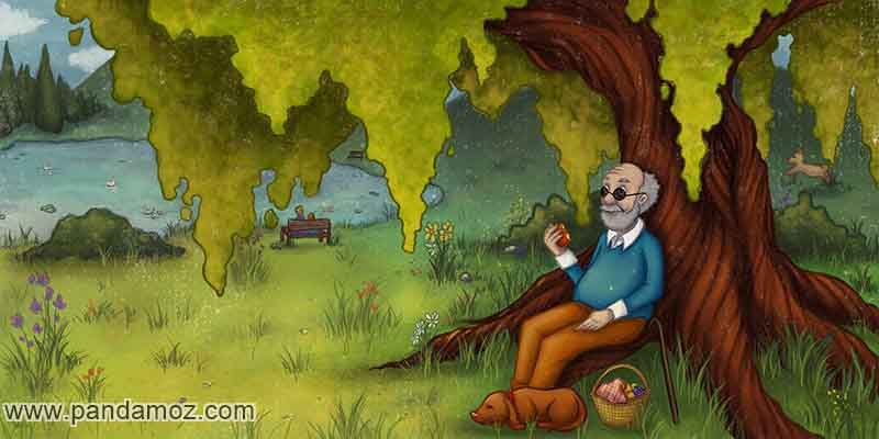 عکس نقاشی پیرمرد نابینا در پارک. در تصویر یک پیرمرد که زیر درختی در یک پارک نشسته و به تنه درخت تکیه داده دیده می شود. پیرمرد عینک دودی تیره بر چشم دارد و در حال خوردن سیب است. سبد وسائل و عصا در کنار و سگی نیز دیده می شود