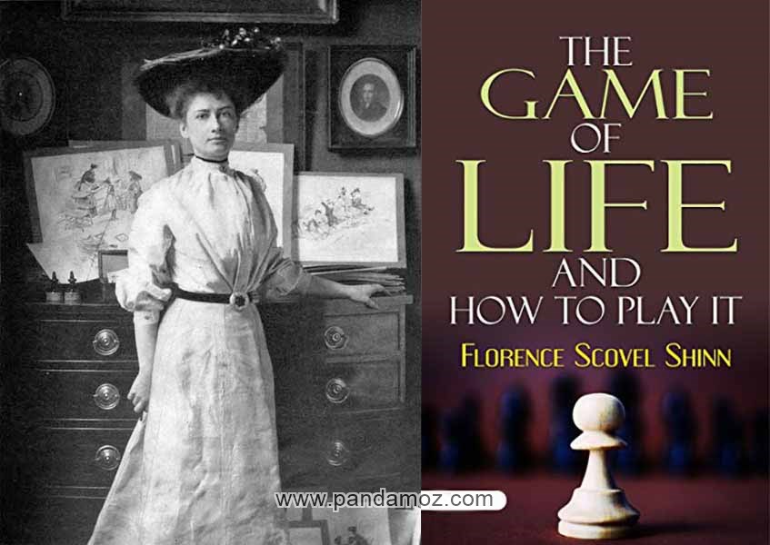 عکس سیاه و سفید خانم فلورانس اسکاول شین نویسنده که به صورت ایستاده در کنار نقاشی ها و کلاهی بر سر دارد و نیز تصویر رنگی روی جلد کتاب بازی زندگی