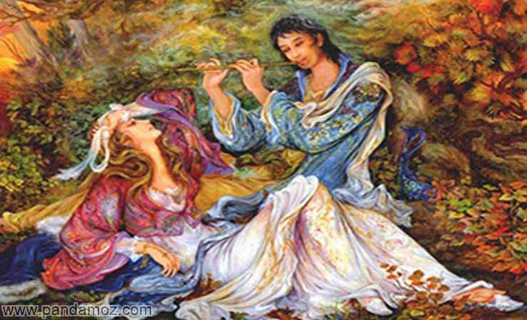 عکس نقاشی مینیاتوری از داستان لیلی و مجنون که لیلی در گلزاری زیبا دراز کشیده و مجنون در حال نواختن نی بر بالا سر اوست. زمینه تصویر رنگارنگ است