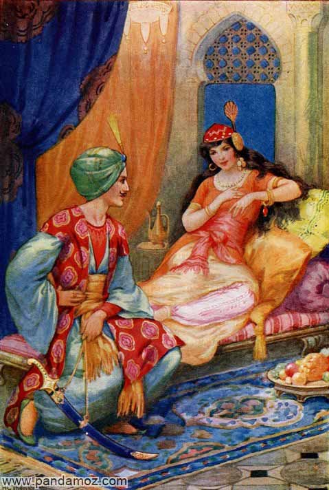 عکس تصویر نقاشی یک زن که بر روی تخت نشسته و مردی کنار لبه تخت نشسته و شمشیر مرصع بر کمر دارد. قالیچه آبی بر زمین و ظرف میوه روی فرش است