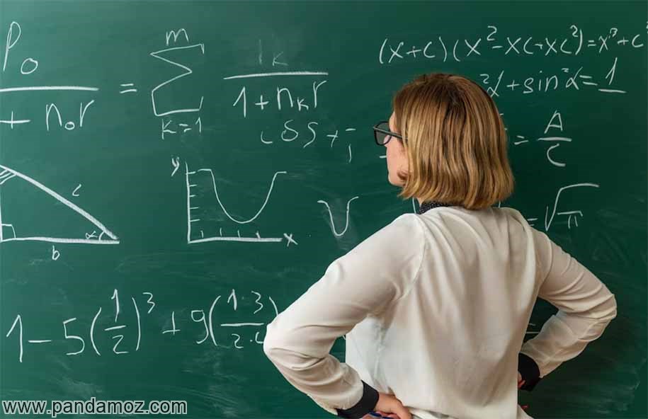 عکس تصویر خانم معلم مدرسه که دست به کمر زده و پشت به کلاس و رو به تخته سیاه ایستاده و در حال حل مسئله ریاضیات روی تخته سیاه است