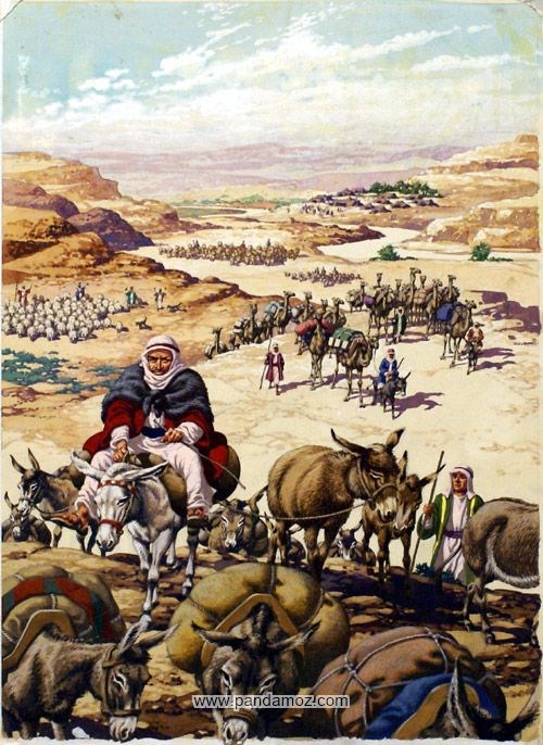 عکس نقاشی از کاروان های قدیمی با اسب، شتر، الاغ و حمله راهزنان