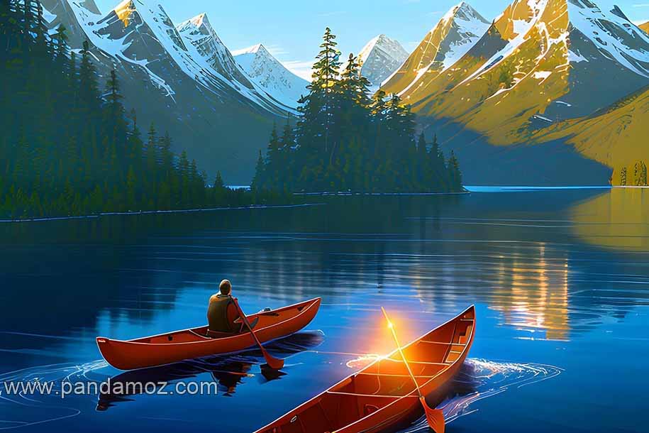 عکس تابلو نقاشی دو قایق، یک قایق خالی و یک قایق با سرنشین که مردی در آن نشسته و پارویی در دست دارد. در تصویر دریاچه یا مردابی زیبا با کوههای سر به فلک کشیده همراه با برف و درختان سرسبز در وسط آب دیده می شوند