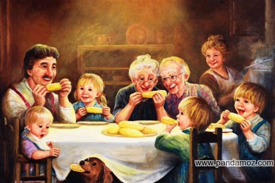 عکس نقاشی خانواده در کنار هم در پشت میز غذا به همراه مادربزرگ و پدربزرگ در حال خوردن شام