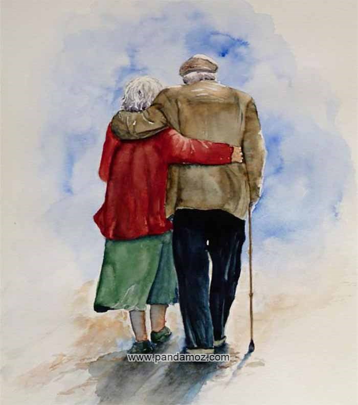 عکس نقاشی پیرمرد و پیرزن در حال قدم زدن که دست مرد بر گردن زن و دست زن در پشت مرد است