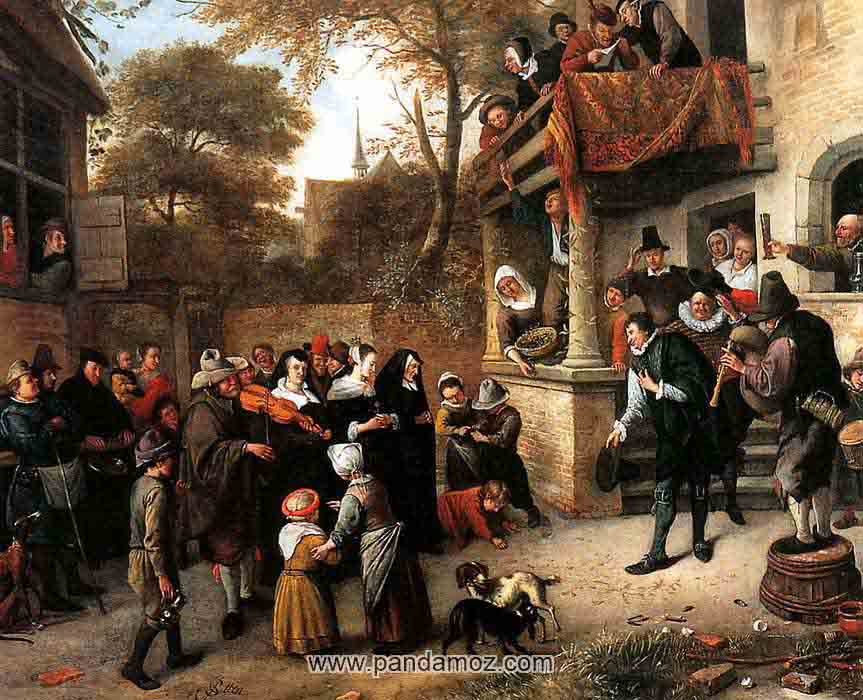 عکس نقاشی عروسی در روستا مردم در محوطه حیاط خانه ایی جمع شده و نوازنده ها در حال ساز زدن هستند و گروهی از مردم در ایوان خانه هستند و بخشی از مردم از پنجره نگاه می کنند