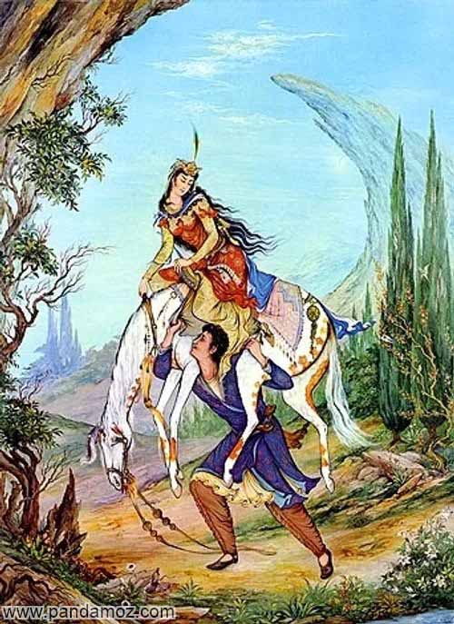عکس تابلو نقاشی مینیاتوری از خسرو که شیرین را همجنانکه بر روی اسب سوار است همراه با اسب روی دستان خود بلند کرده است. در زمینه تصویر درختان دیده می شوند