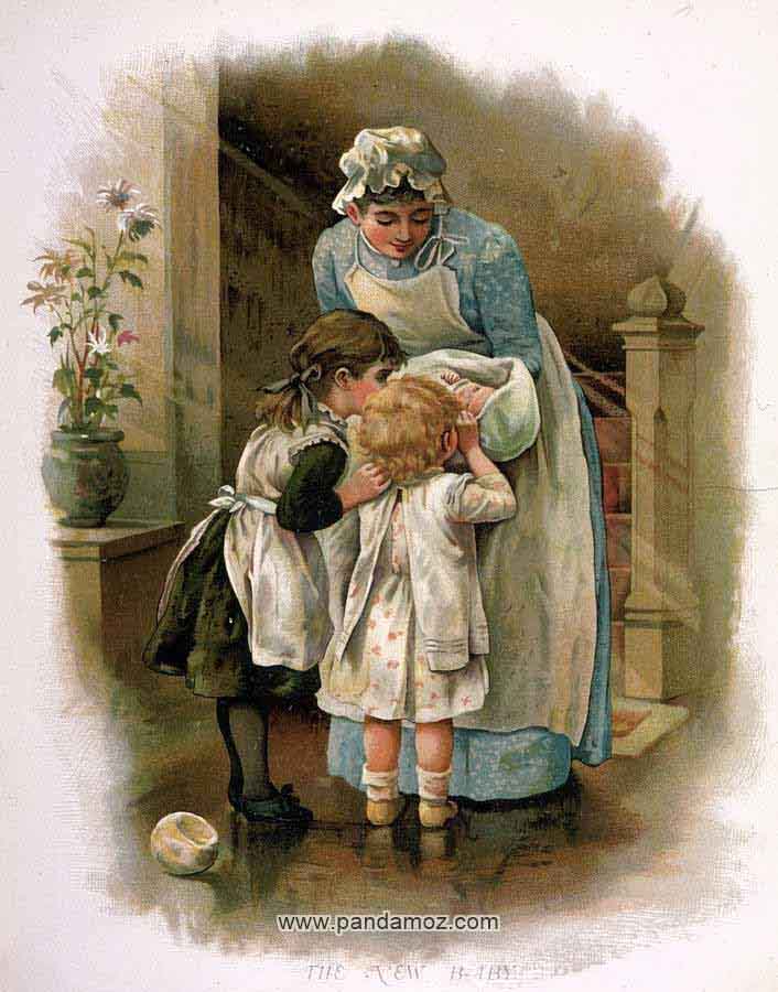 عکس نقاشی پرستار بچه که نوزادی در بغل دارد و به خواهر و برادرهایش نشان می دهد