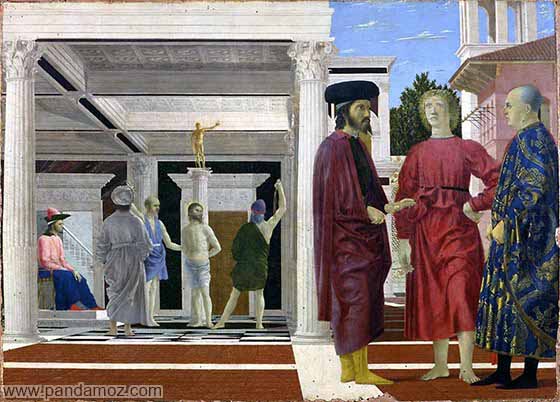 عکس نقاشی از کاخ قدیمی پادشاهان و دارای ستون های متعدد. در تصویر مجسمه های مومی مانندی دیده می شوند که مردانی در جلو کاخ و قصر ایستاده اند