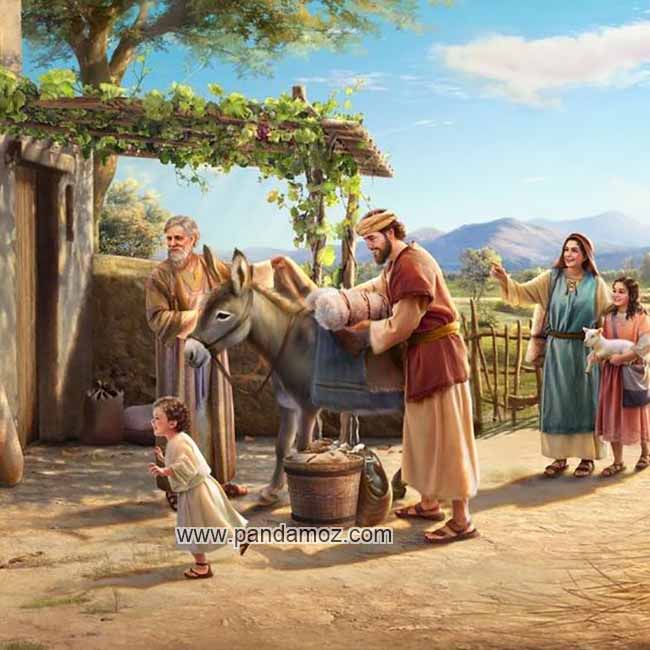 عکس تابلو نقاشی از خانواده روستایی و الاغ آنها. در تصویر دو مرد در حال بار زدن روی الاغ هستند. زن و دختربچه با بزی در بغل برای آنها دست تکان می دهند. در دور دست کوهها، آسمان آبی، ابرها و زمین چمنزار و نیز سایه بانی از درخت انگور در پشت سر آنها دیده می شود