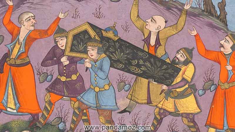 عکس نقاشی مینیاتور از حمل تابوت اسکندر مقدونی یا الکساندر. در تصویر تشییع جنازه در دامنه تپه ایی با تابوت سیاه که روی آن نقاشی شده و کسانی که در اطرافیان تابوت هستند و روی تابوت تاج پادشاهی قرار دارد