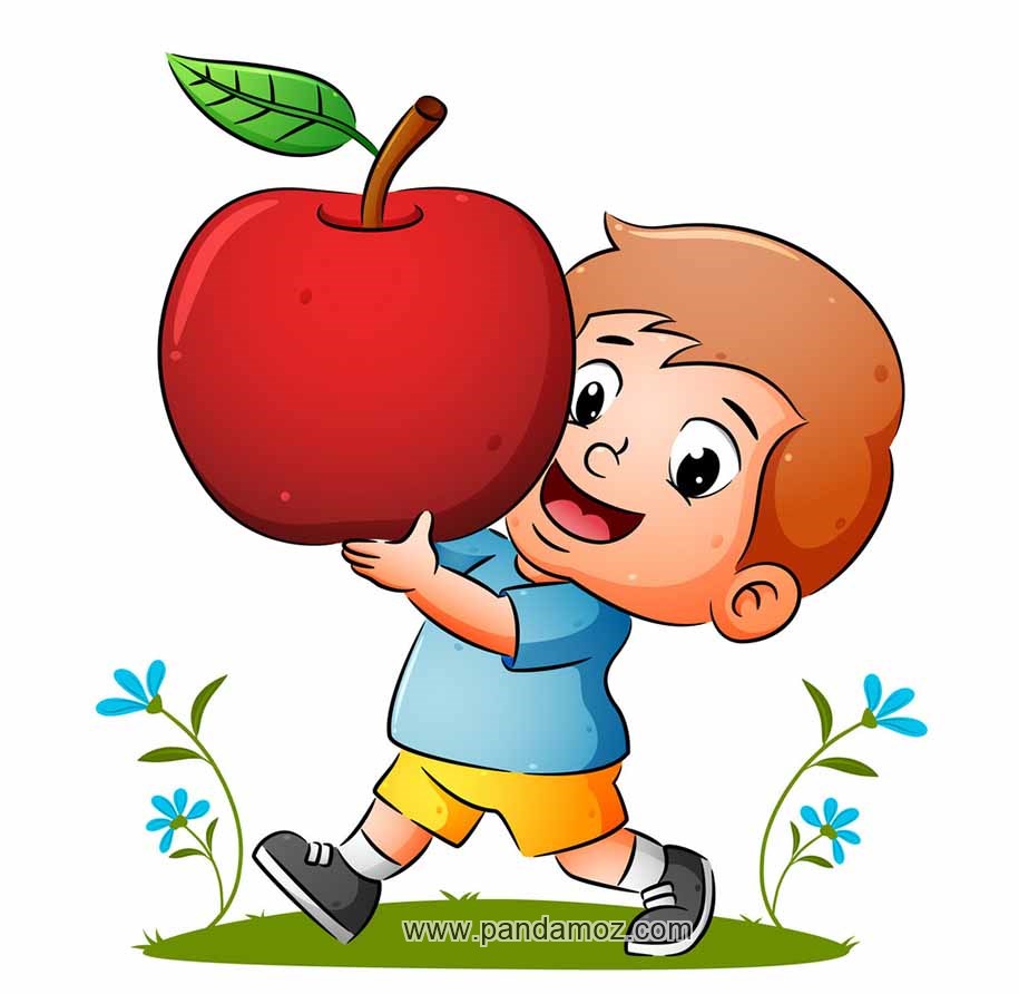 عکس نقاشی و کارتونی از پسربچه با سیب در دست
