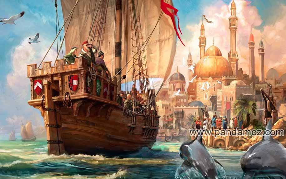 عکس تابلو نقاشی کشتی بادبانی چوبی زمانهای قدیم. در تصویر کشتی در نزدیکی  ساحل است و مسافران در عرشه کشتی هستند. در ساحل ساختمانهای بلند، گنبد و گلدسته مسجد، آسیاب آبی و درخت نخل دیده می شود و مردمی که برای استقبال یا بدرقه آمده اند