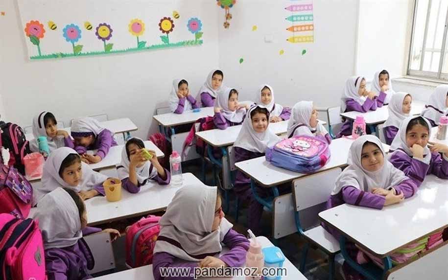 عکس کلاس درس مدرسه ابتدایی دخترانه و دخترهایی که با لباس های فرم یک شکل و رنگی پشت نیمکت های کلاس نشسته اند