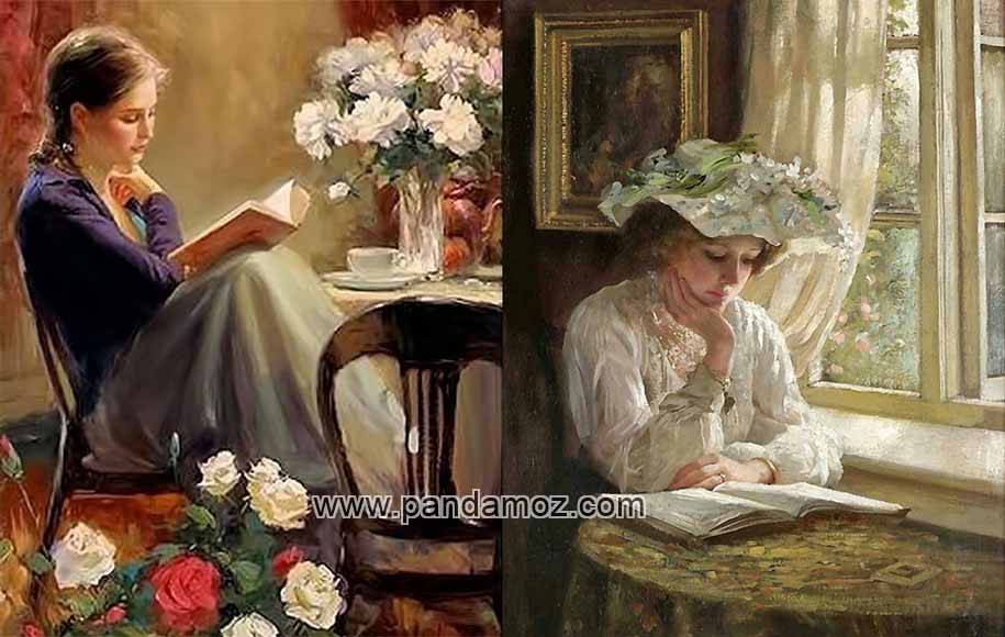 عکس تابلو نقاشی زن در حال مطالعه. دو تصویر در کنار هم قرار گرفته در اولی: دختر بر روی صندلی چوبی نشسته و پاهایش را بلند کرده و بر روی صندلی دیگر قرار داده و گلهایی روی میز و در کنارش است. در تصویر دیگر عروس با لباس عروس و دستش زیر چانه، در حال مطالعه است
