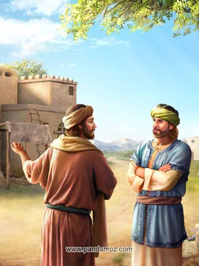 عکس نقاشی قدیمی دو مرد که در حال گفتگو باهم هستند. مردان لباسهایی از دوران قدیم و قبا پوشیده و یکی هم عبا دارد. سر هر دو با عمامه و دستار پوشیده است. در نزدیکی آنها ساختمان گلی با نردبان روی آن دیده می شوند. شاخه درختی بر بالای سرآنهاست و آسمان آبی و زمین