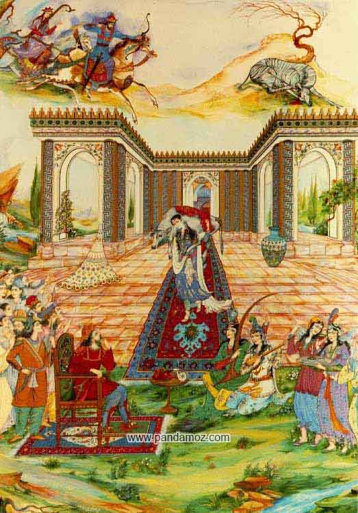 نقاشی مینیاتور بهرام گور و کنیزک دختر زیبای چنین گاو بر دوش بر پله های قصر کاخ شصت پله