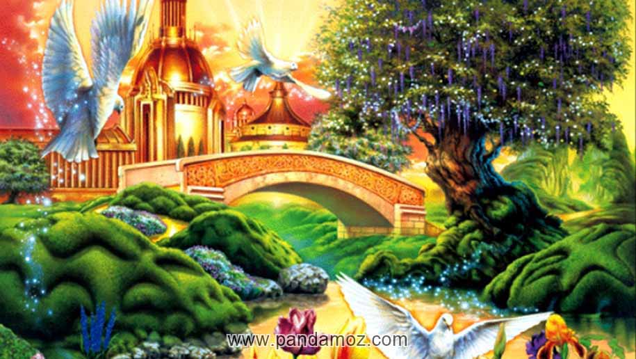 عکس تابلو نقاشی از ملکوت آسمانها، تصویری از بهشت با درختانی سرسبز، گیاهان، چمنزارها، رودخانه ها و پرندگان
