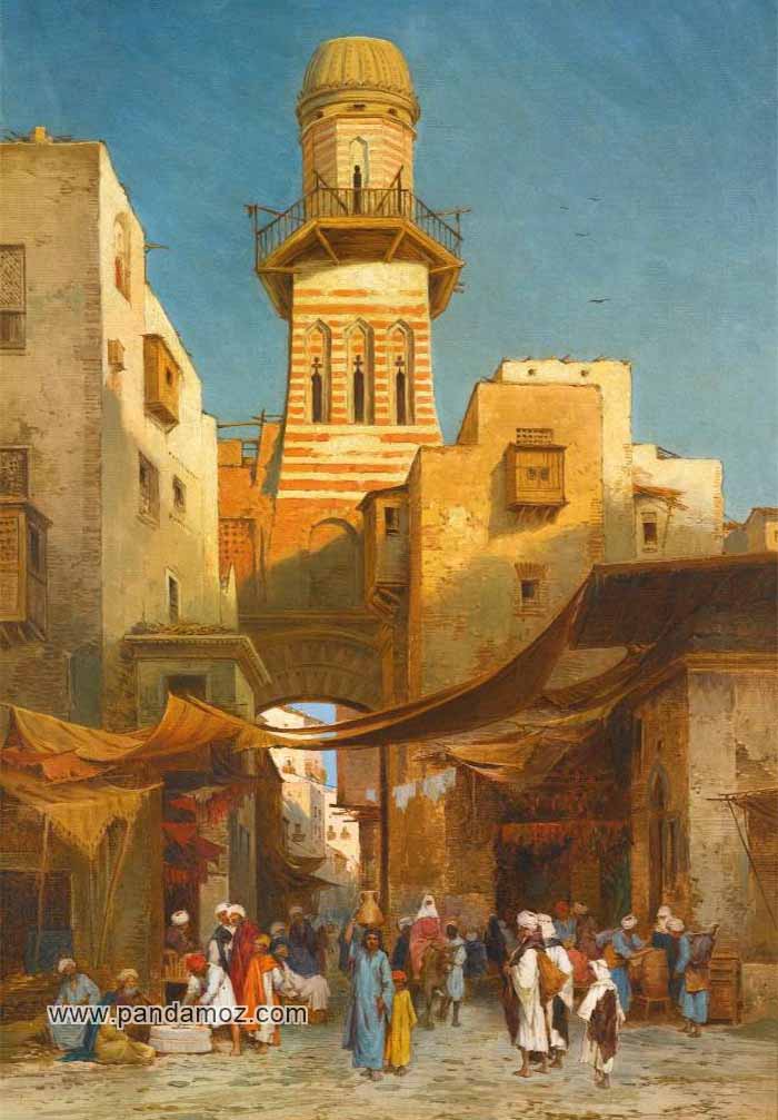 عکس تابلو نقاشی دروازه شرقی. اثر نقاشی از دوره حکومت اسلامی. مناره بلند که بر روی دروازه کم عرض و محل گذر احداث شده و ساختمانها به همراه بازارچه و محل تجمع مردم برای زندگی روزمره. مردمی که در حال خرید و فروش هستند و زنی که ظرفی بر روی سر دارد و در جلو تصو