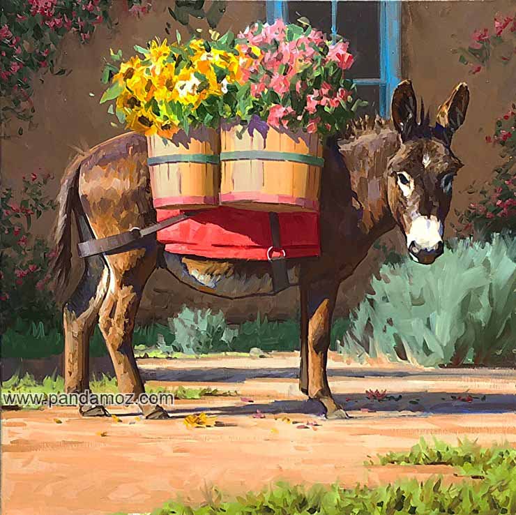 عکس تابلو نقاشی از یک قاطر یا الاغ با دو سبد پر از گل بار بر روی پشت قاطر. در تصویر دیوار خانه ایی با پنجره آبی رنگ در پشت سر قاطر دیده می شود