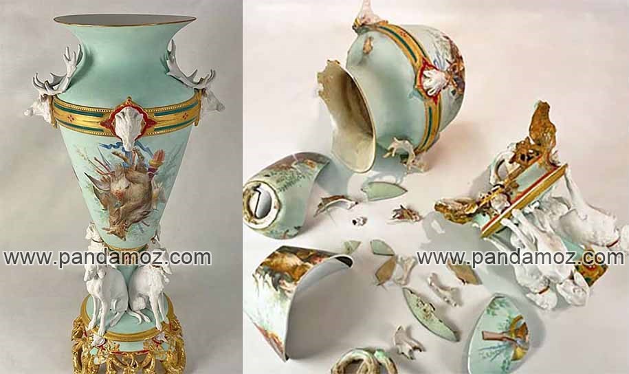 عکس قطعات شکسته گلدان چینی عتیقه و تصویر از گلدان عتیقه چینی بزرگ سالم و اصل قبل از شکسته شدن