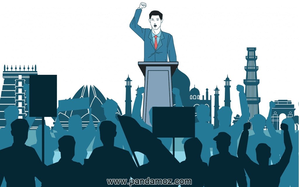 عکس نقاشی سمبولیک از مرد سیاستمداری که پشت تریبون سخنرانی و در جایگاه بالاتری ایستاده و برای مردمی که مقابل او و پایین تر ایستاده اند سخنرانی می کند