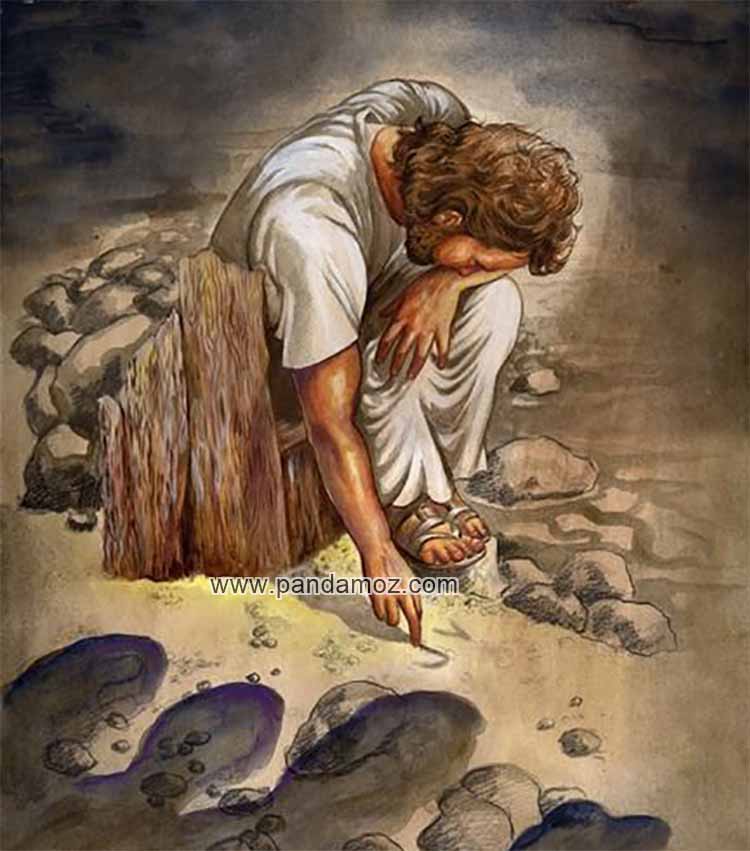 عکس تابلو نقاشی مرد مقدس که در حالت نشسته روی کنده درخت، سرش رو به پایین است. در تصویر او در حال نوشتن چیزی با انگشت خود، روی ماسه ها یا سنگ بر روی زمین است