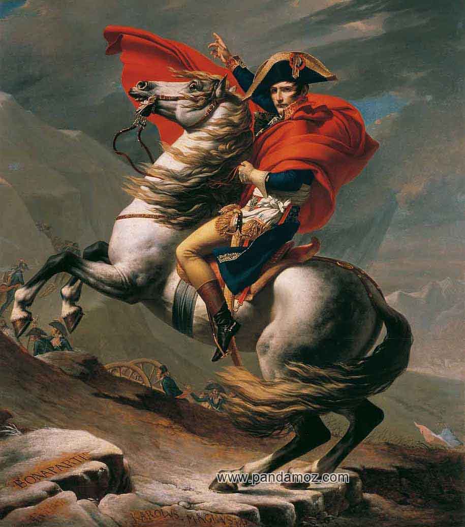 عکس نقاشی از ناپلئون بناپارت بر روی اسب در دامنه کوه رو به بالای کوه با شنل قرمز