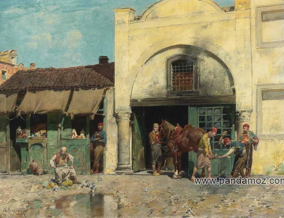عکس تابلو نقاشی مغازه آهنگری و نعلبندی. در تصویر دو مغازه در کنار هم دیده می شود و یک مرد آهنگر در جلو درب مغازه اولی ایستاده و در جلو مغازه دیگر که از هواکش آن دود بیرون می آید، اسبی وجود دارد و آهنگر نعلبند در حال میخ زدن نعل اسب است
