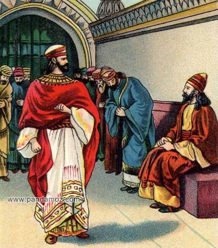 عکس تابلو نقاشی پادشاه در کاخ و در حال عبور از راهروهای قصر پادشاهی، در تصویر در پشت سر پادشاه همه درباریان در حال احترام و تعظیم به او هستند ولی یک نفر نشسته و برای پادشاه احترام قائل نیست