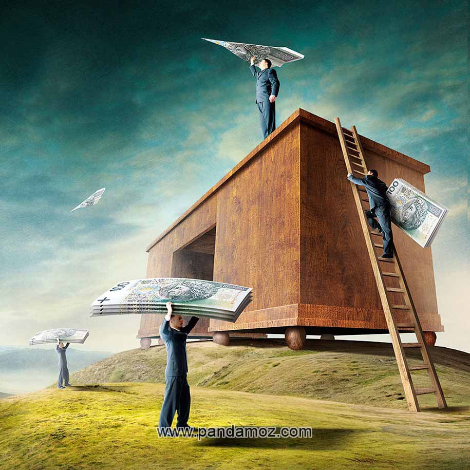 عکس نقاشی سورئالیست از مورسکی هنرمند لهستانی. در اینجا مردانی با کت و شلوار، که با سختی و مشقت اسکناس، پول و ثروت را به بلندی و اهدافی می رسانند ولی در آنجا با آنها موشک کاغذی درست شده و در هوا پرواز داده می شود. در تصویر نردبانی به میز است