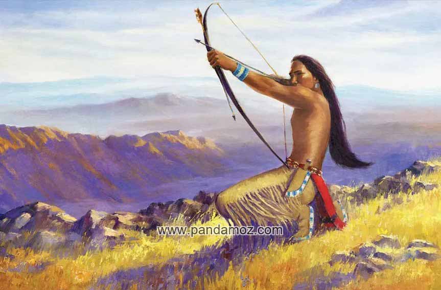 عکس نقاشی از یک مرد سرخ پوست بومی آمریکا که به حالت نشسته روی یک پا است و کمانی در دست دارد و تیری در حال پرتاب از تیروکمان
