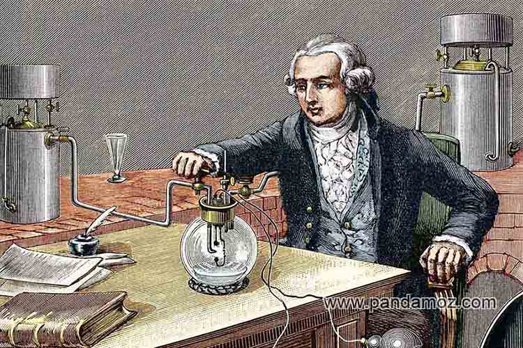 عکس نقاشی از لاوازیه دانشمند معروف فرانسوی، پدر علم شیمی و شیمیدان ابداع کننده جدول تناوبی در آزمایشگاه. در تصویر او پشت میز آزمایشگاه نشسته و در حال آزمایش مواد شیمیایی است