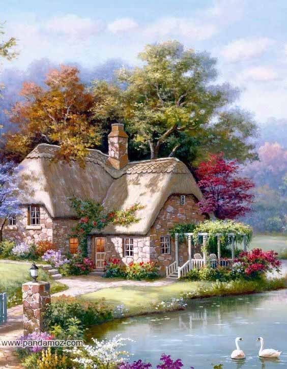 عکس نقاشی از یک خانه قدیمی و بسیار زیبا در کنار آب و درختان